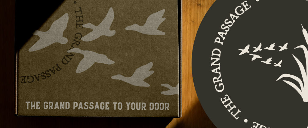 Mockup of a custom shipping box for the Grand Passage, a clothes line made for hunting for sport and outdoor gear